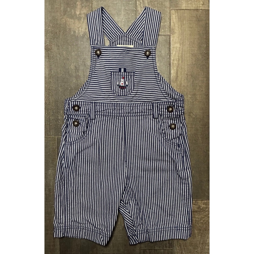JoJo Maman Bebe Kids Nautical Blue Stripe Sailboat Overalls Shortalls 12 Months